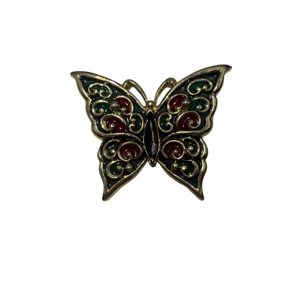 Vintage Gold Tone Colorful Enamel Swirl Wing Pattern Butterfly Insect Brooch Pin